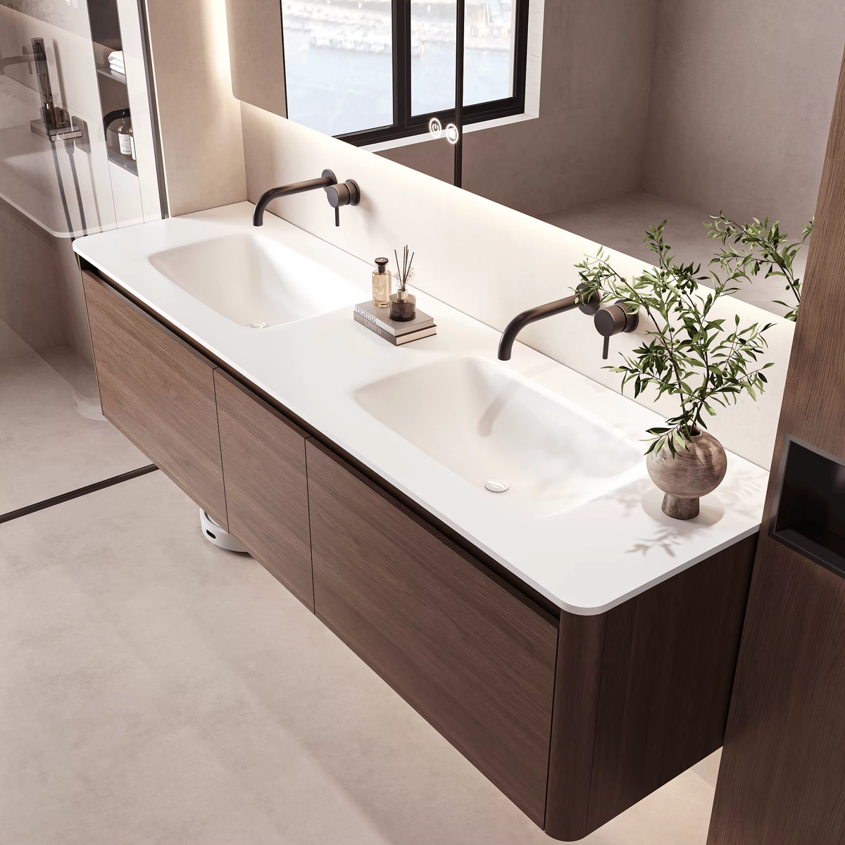 Customized Simple-design Wall-mounted Bathroom Vanity with Basin and Curved Bathroom Cabinet